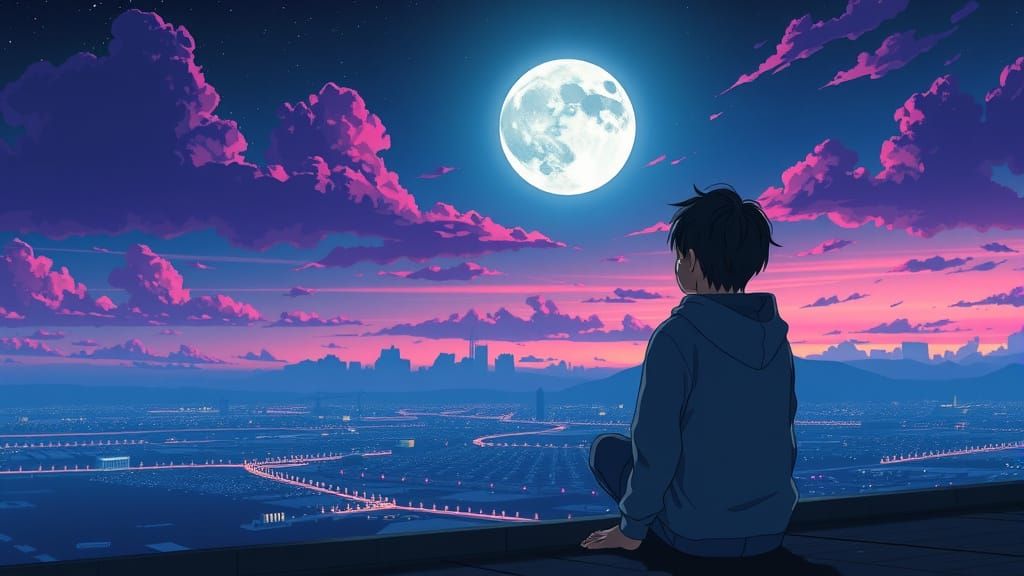 Anime Boy Gazing at Moon in Neon Cityscape