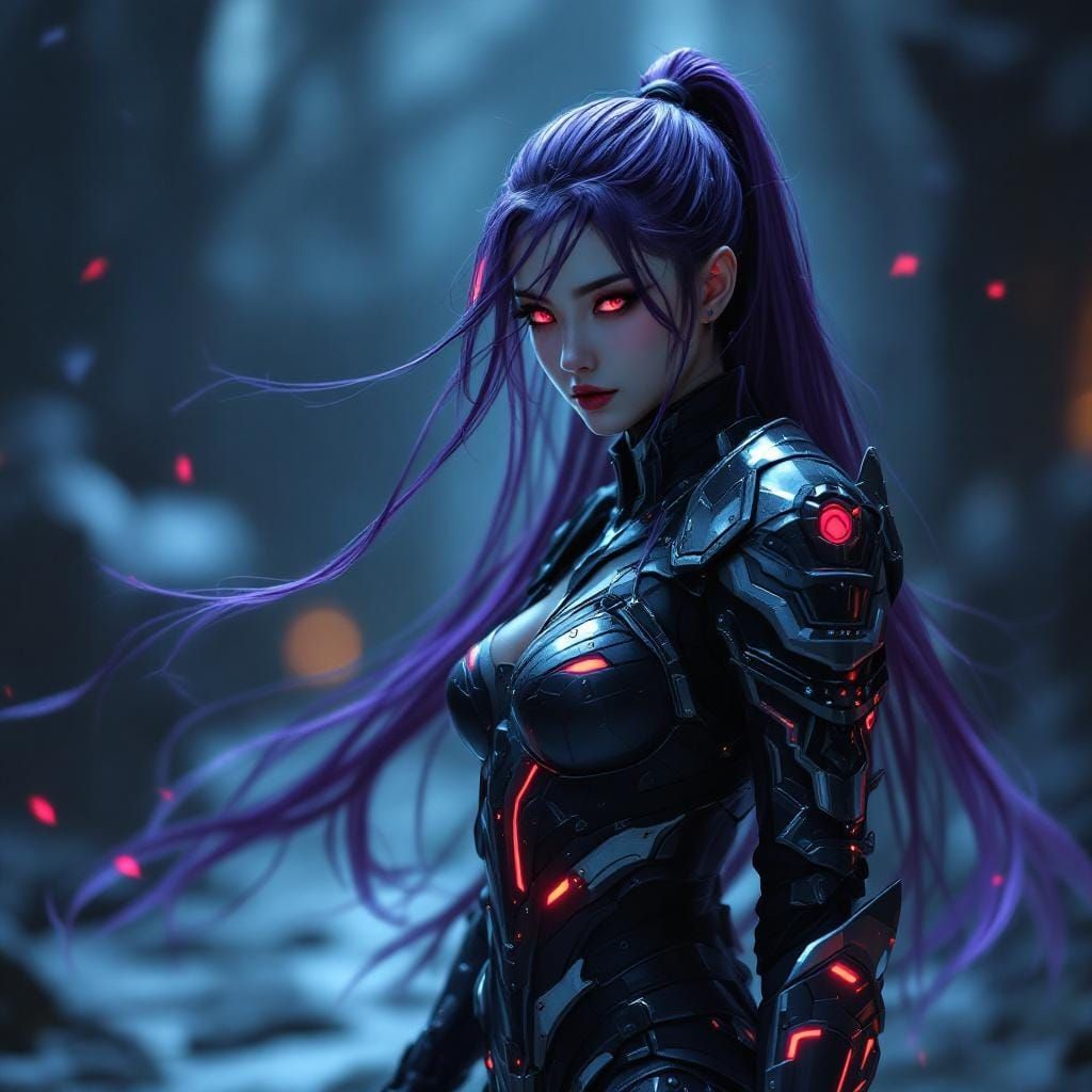 Cyber Ninja in Armored Suit with Flowing Hair