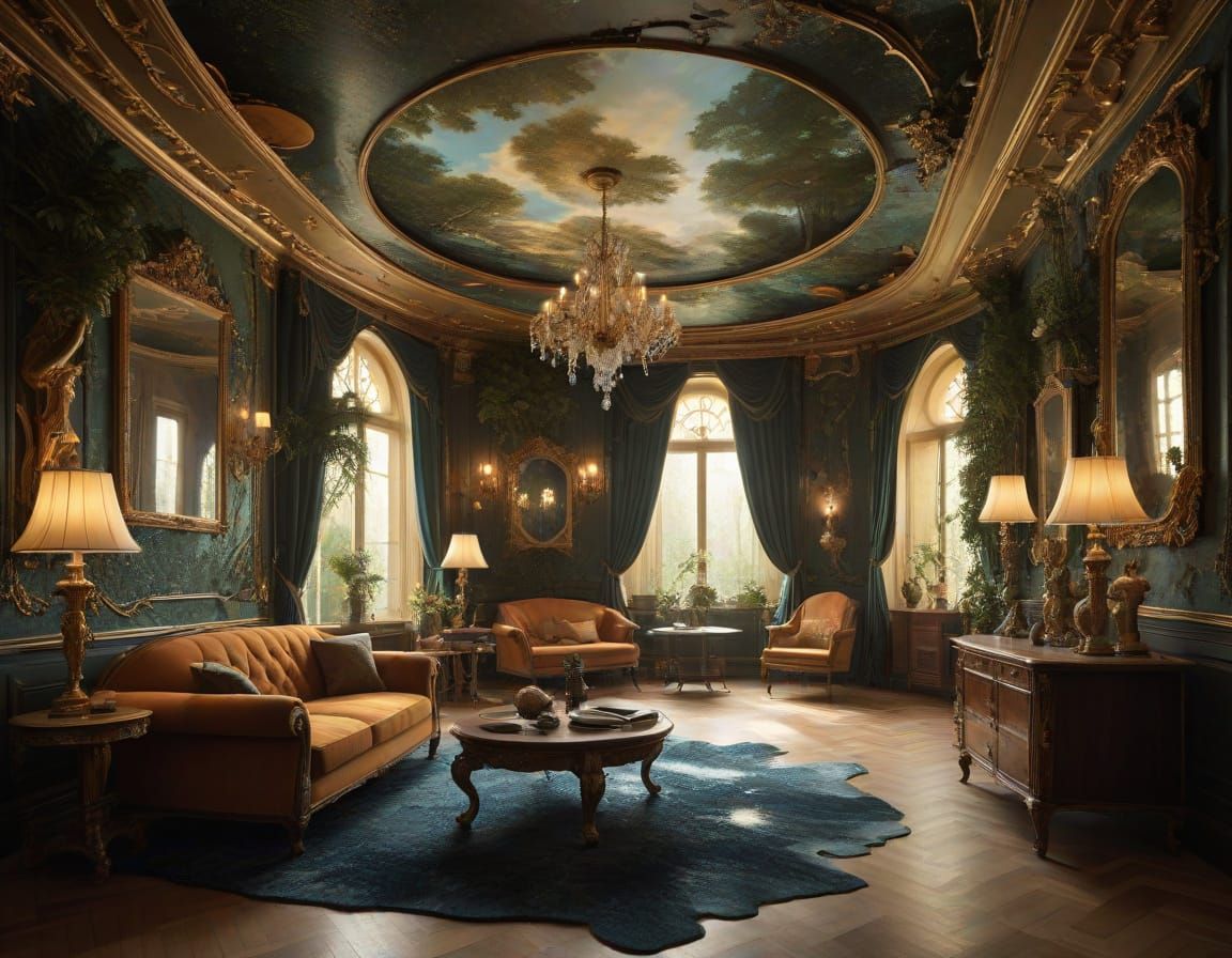 Surreal Opulence in Art Nouveau Room with Dramatic Lighting ...