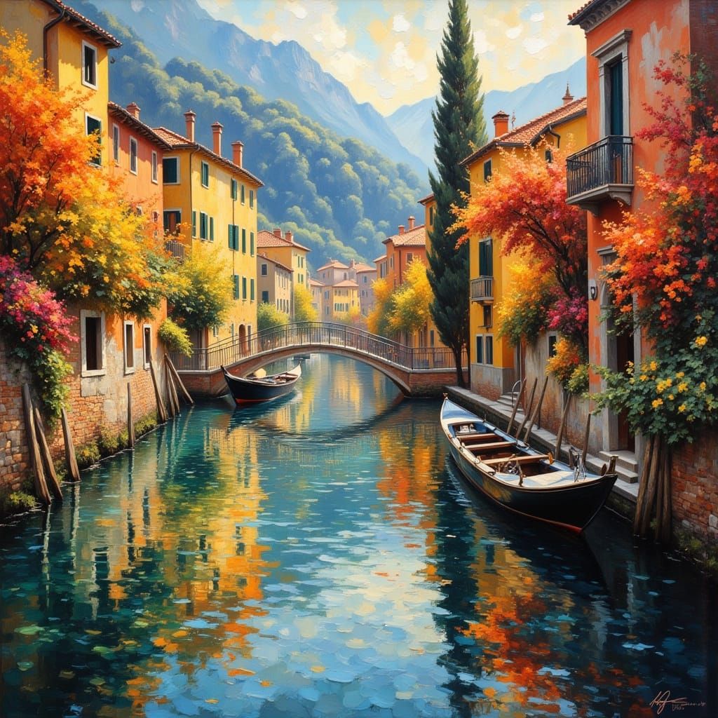 Italian Coastal Town Portofino in Expressive Oil Painting St...