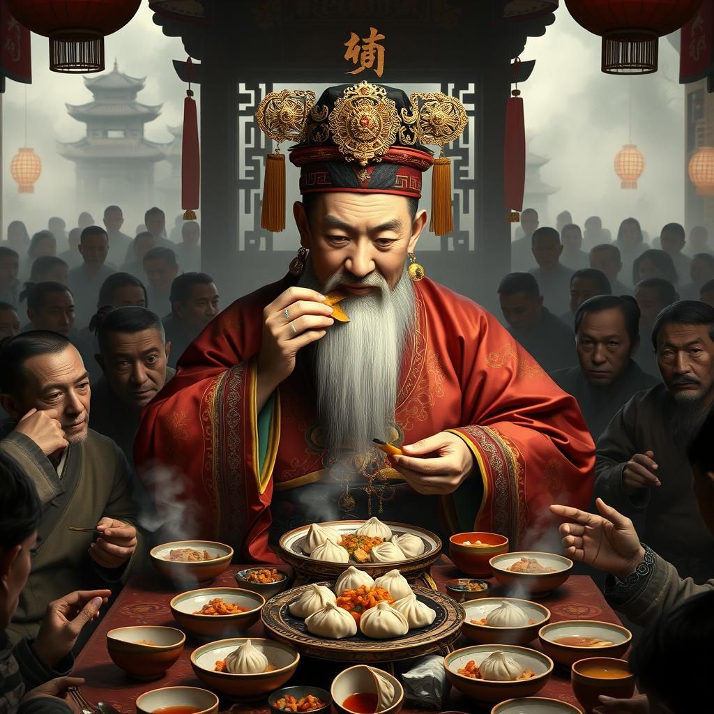 Opulent Official Amidst Starving Peasants: Dystopian Art