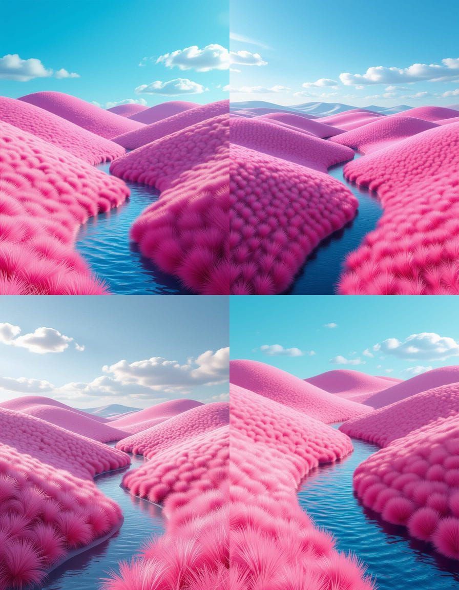 Surreal Pink Grass Hills and River Landscape