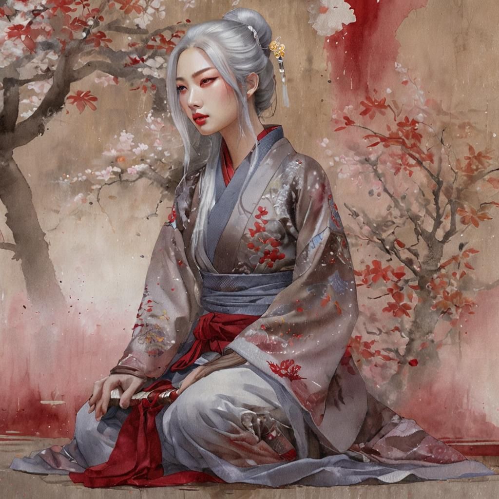 Geisha Assassin in Wet-Wash Watercolour Style