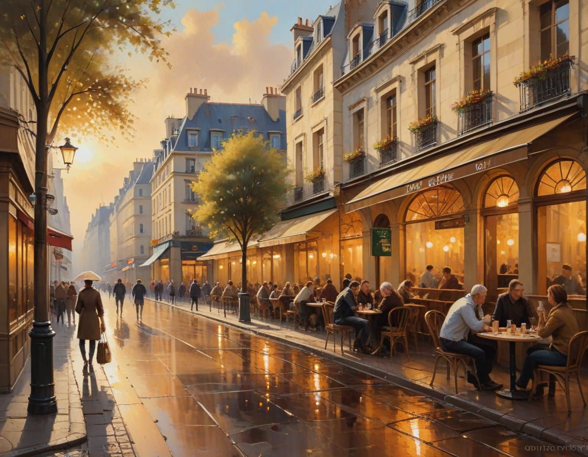 Parisian Cafe Scene in Impressionistic Style