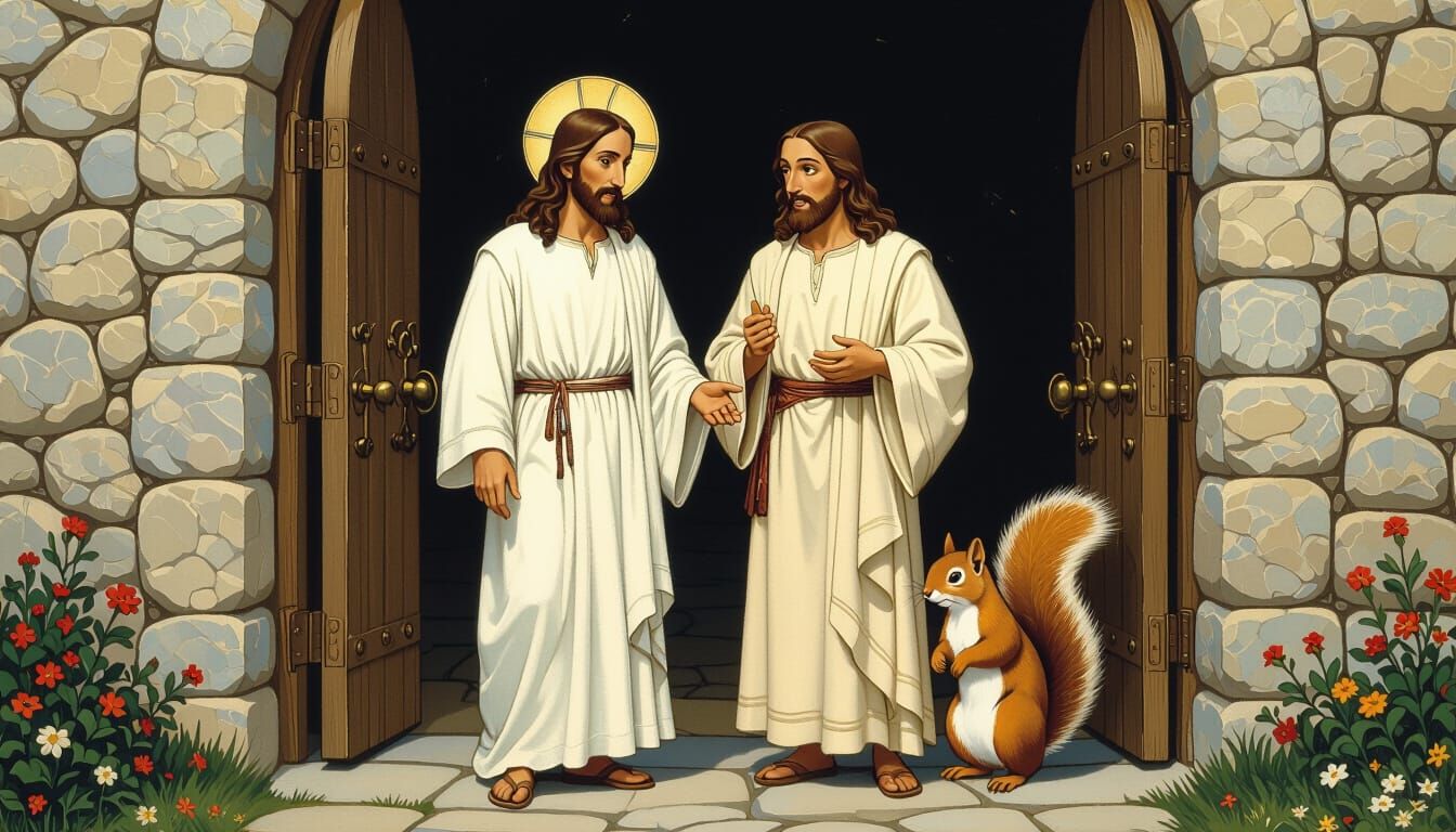 Jesus and Mischievous Squirrel at Pearly Gates