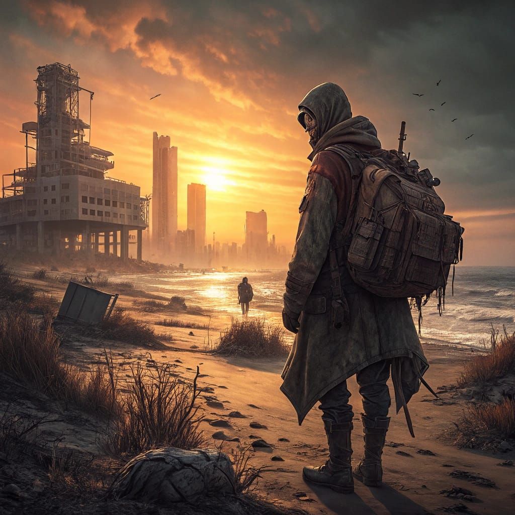Post-Apocalyptic Wanderer Silhouetted on Desolate Beach
