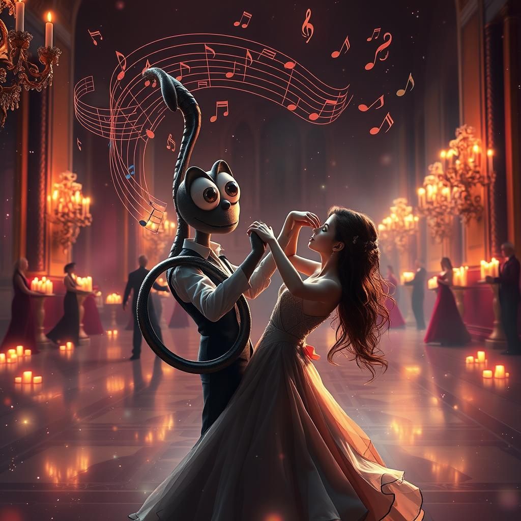 Anthropomorphic Treble Clef Dances in Candlelight Ballroom