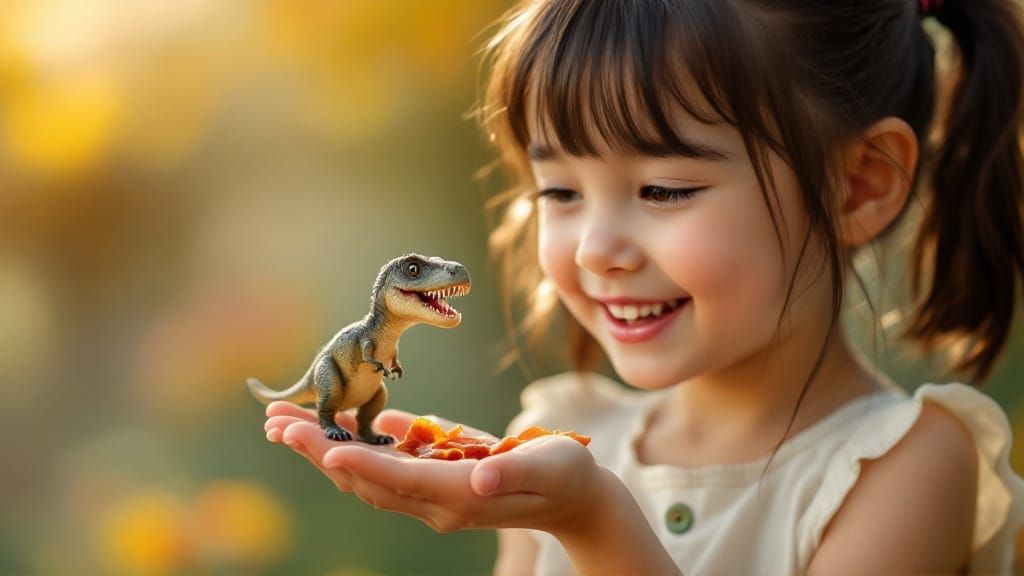 Charming Girl Feeds Tiny T-Rex in Sunny Garden