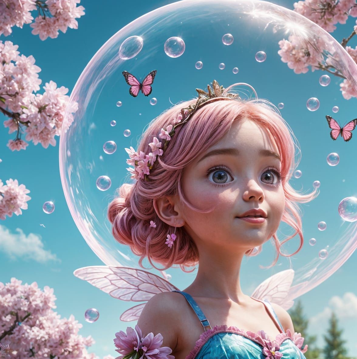 Whimsical Fairy Princess Blows Bubbles in Cherry Blossom Tre...
