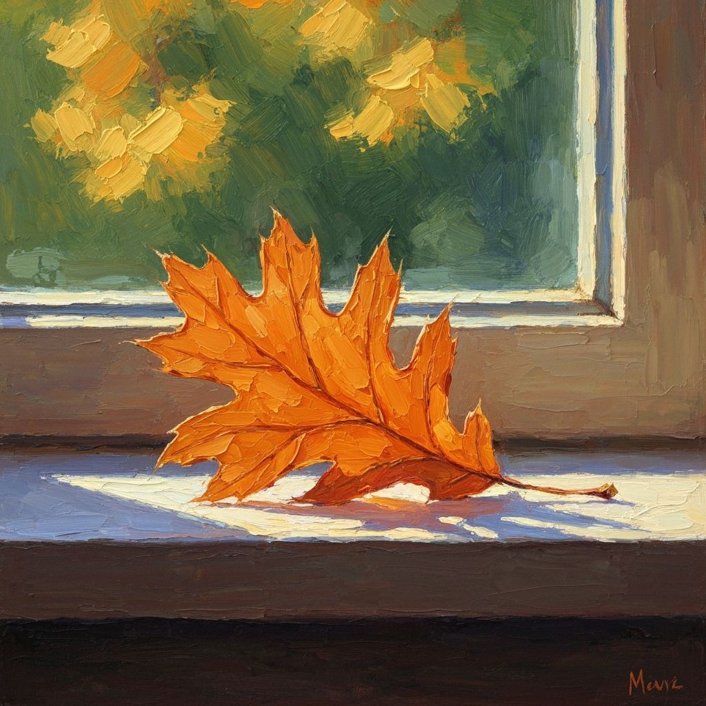 Autumn Leaf on Windowsill, Impressionist Painting