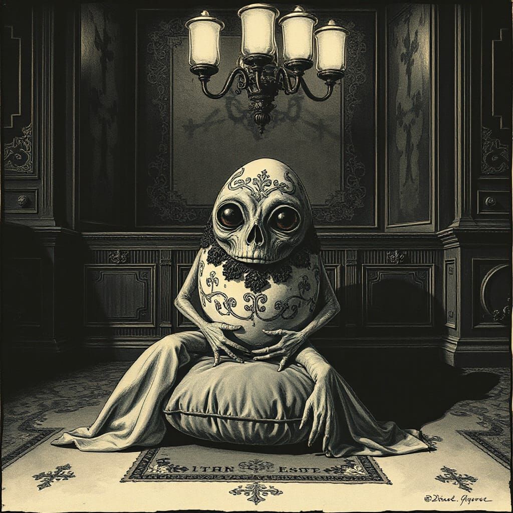 Mysterious Easter Egg Alien in Gothic Velvet Chamber