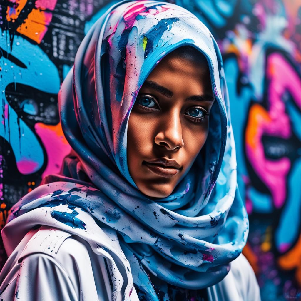 Cyberpunk Hijab Portrait with Graffiti Wall