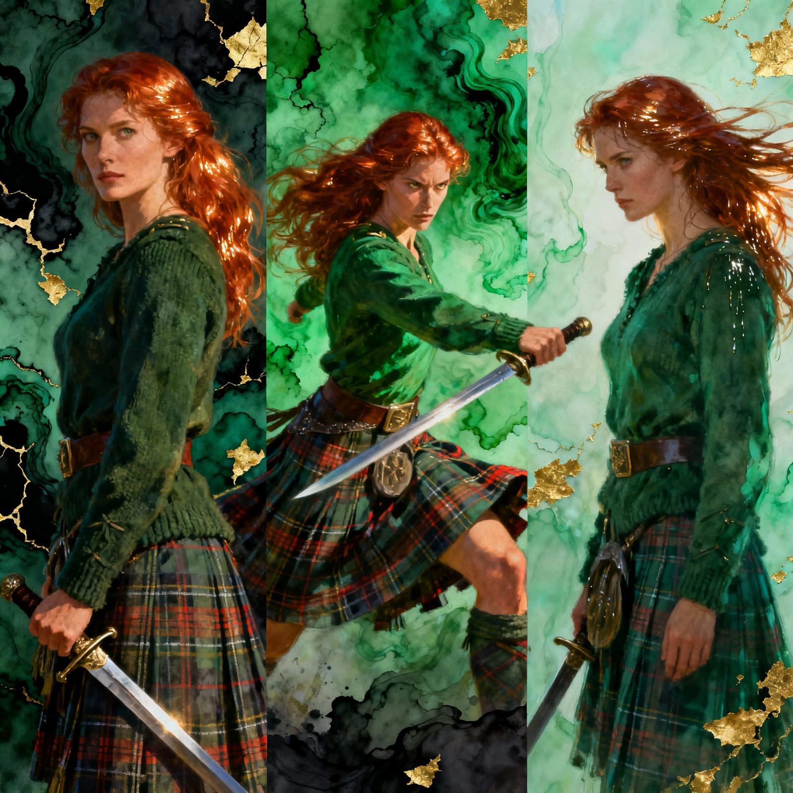 Scottish Highlander Triptych in Hyperrealism Style