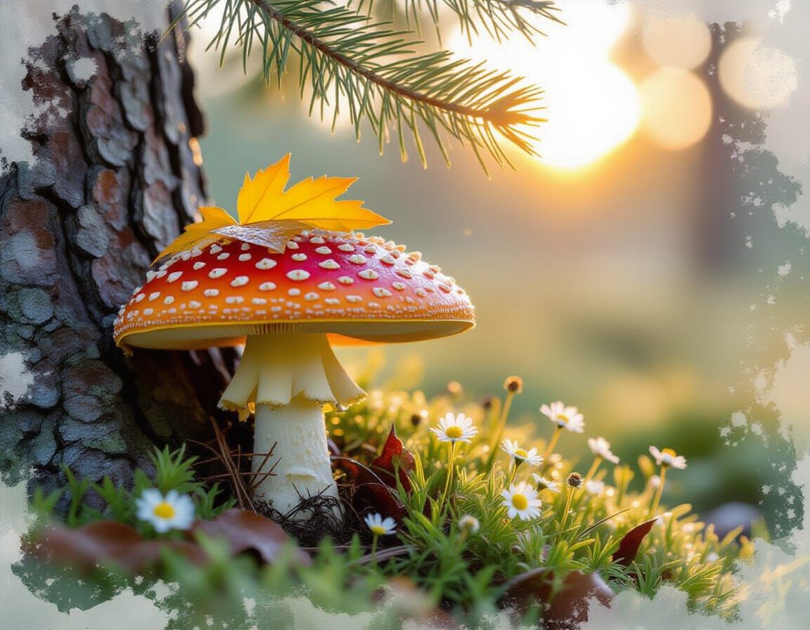 Fly Agaric Mushroom in Watercolor Double Exposure