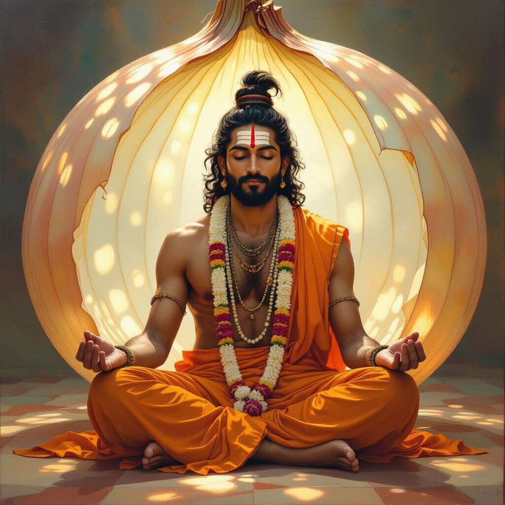 Surreal Hindu Man Meditating Inside Giant Onion
