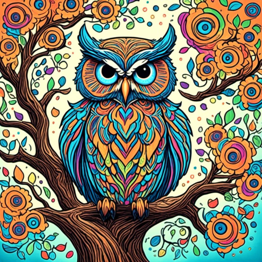 a huge fluffy puffy squiggly owl sitting on a tree <lora:Chi...