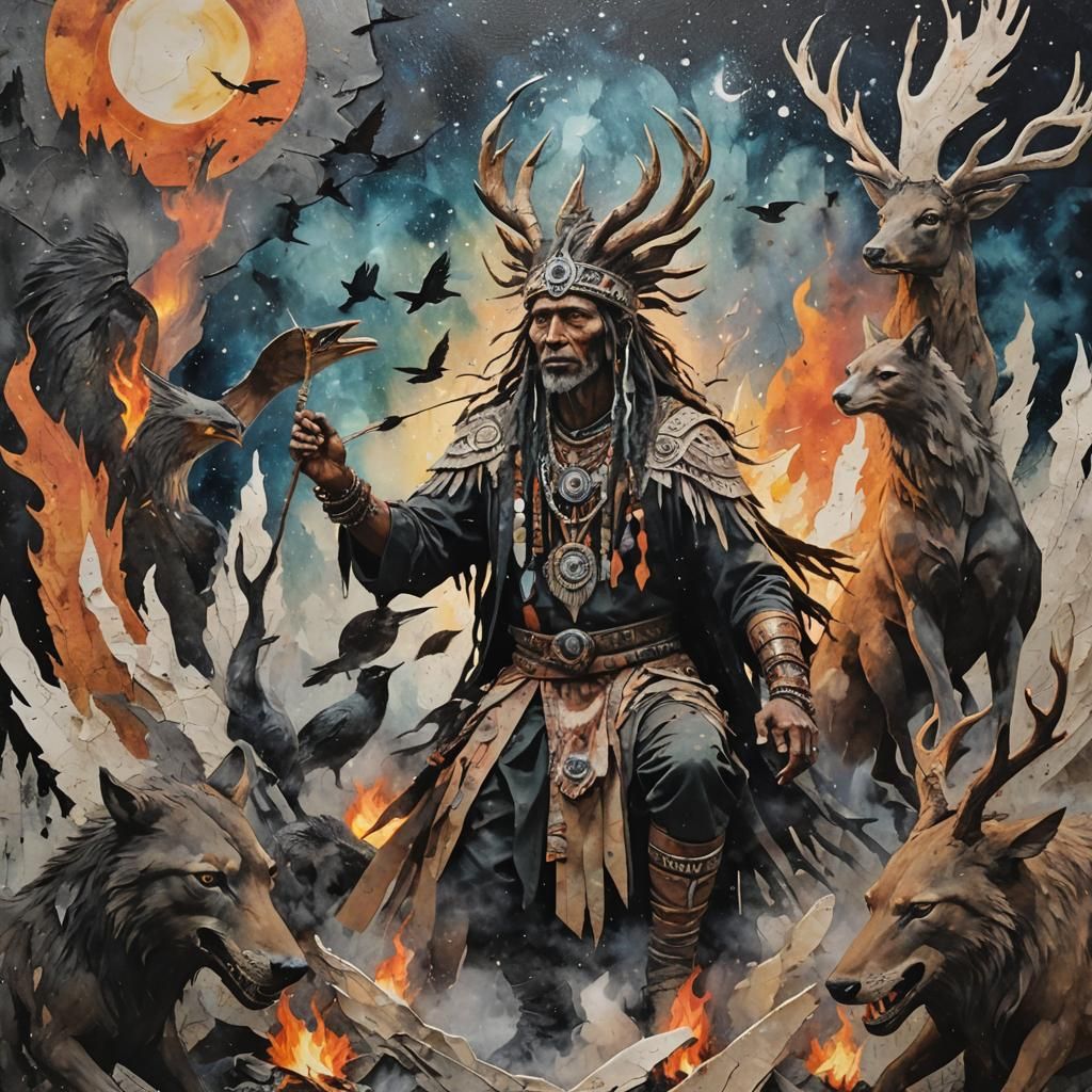 Tribal Shaman in Fantasy Landscape with Liquid Chrome Accent...