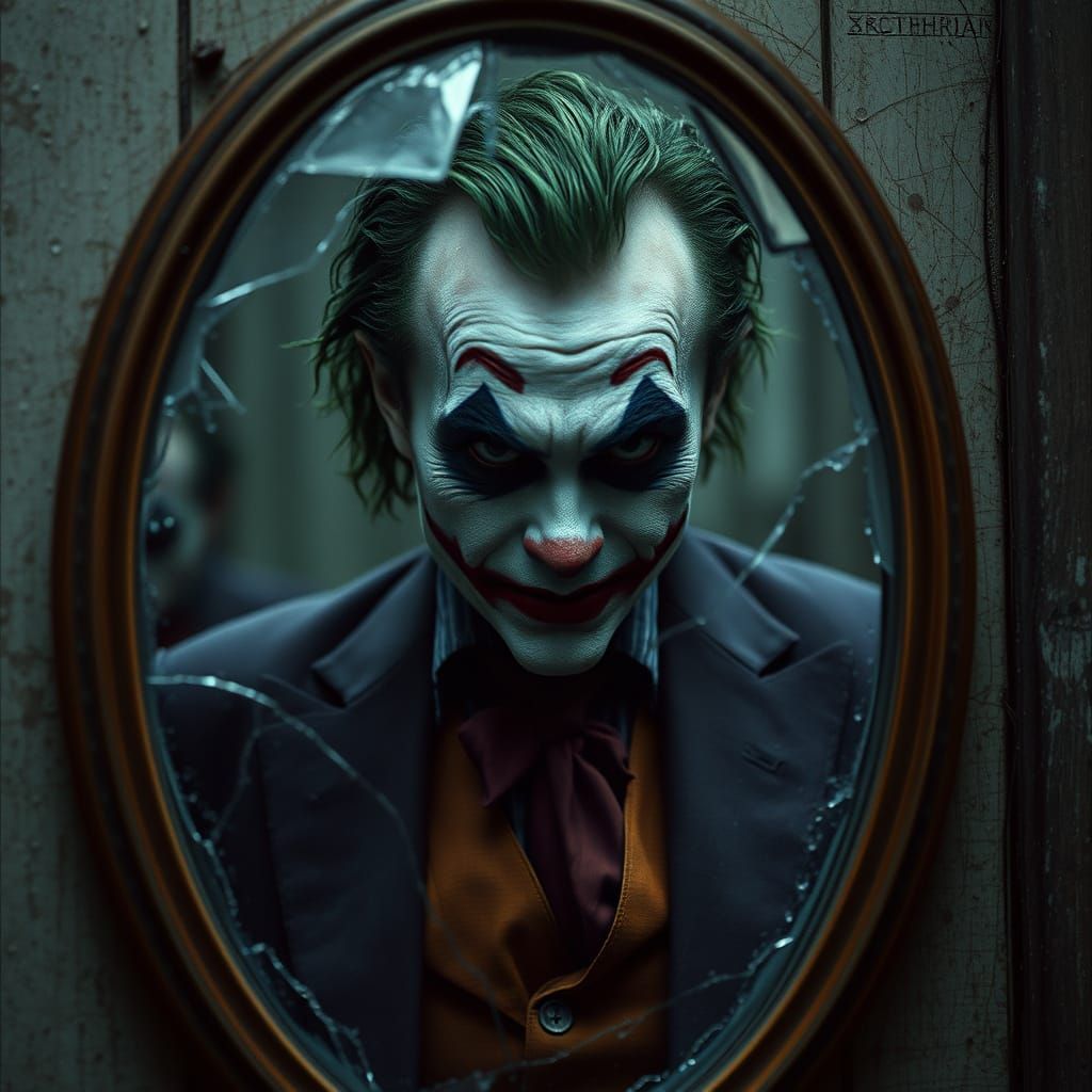 Joker's Reflection in Cracked Mirror: Dark Romanticism
