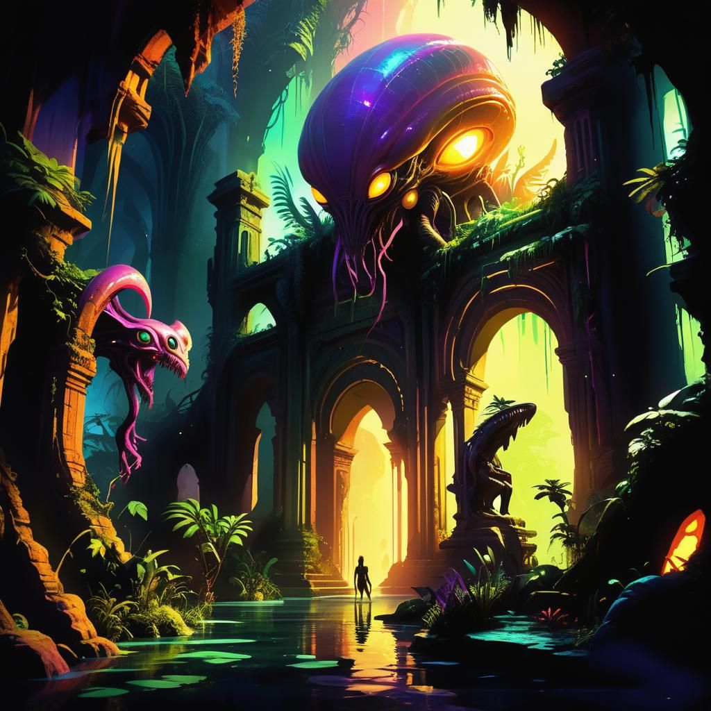 Alien Creatures Explore Ancient City in Lush Jungle