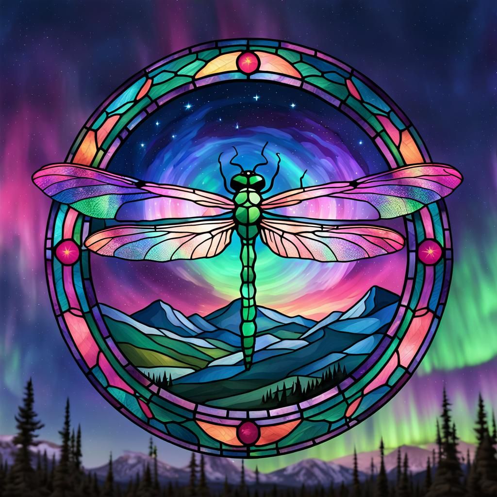 Stained Glass Dragonfly Soaring Through Aurora Sky