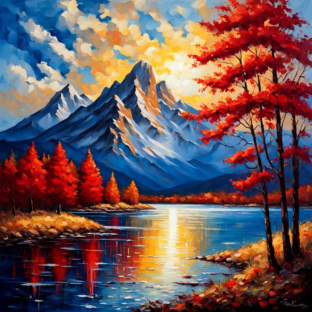 Crimson Trees and Snow Mountains: Oil Painting Landscape