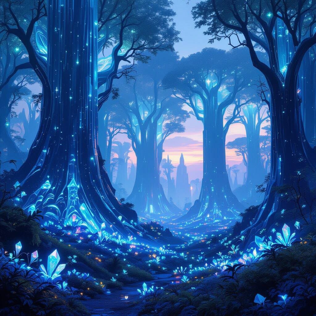 Bioluminescent Alien Forest at Twilight in Digital Matte Sty...