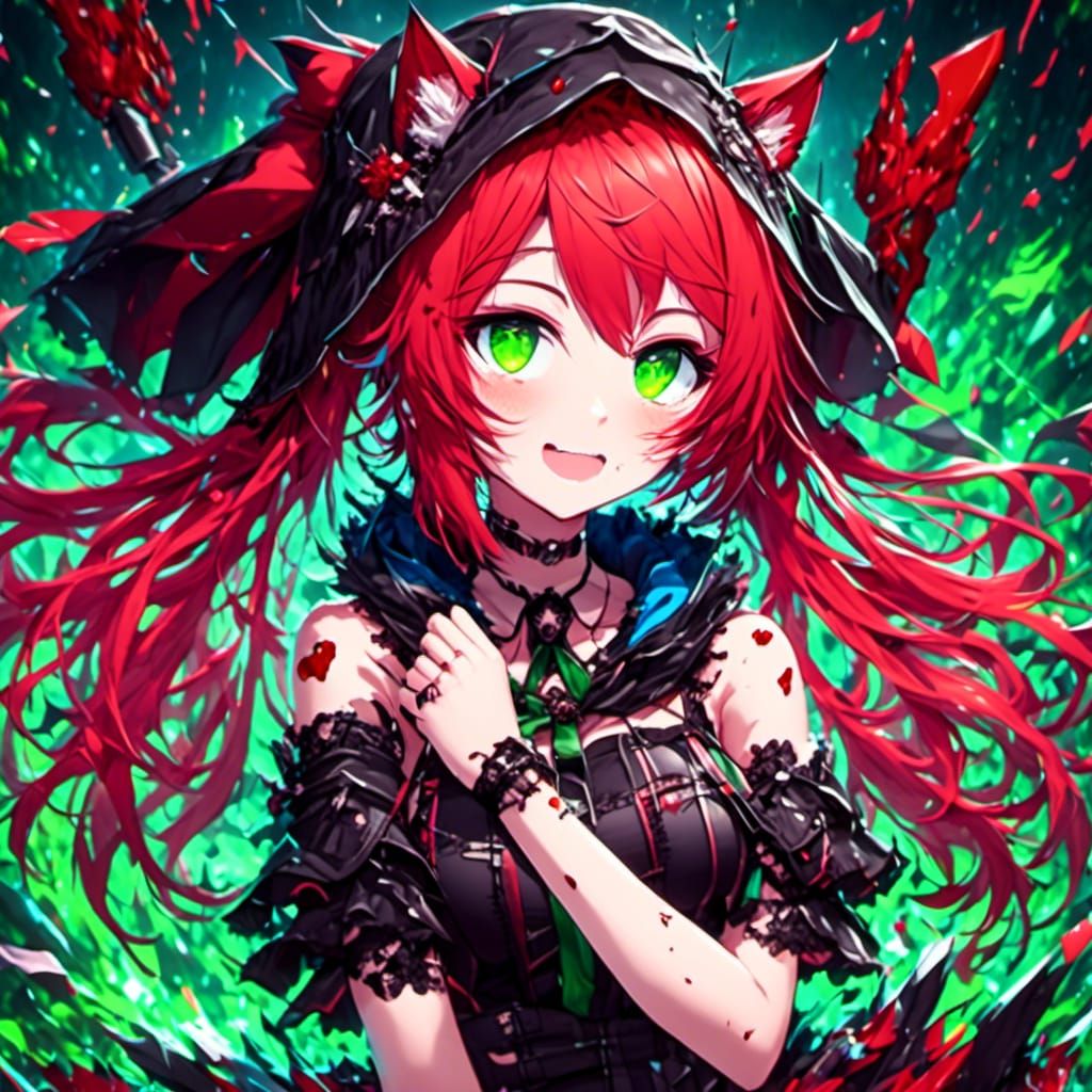 Kawaii Neko Girl with Red Hair in Anime Style