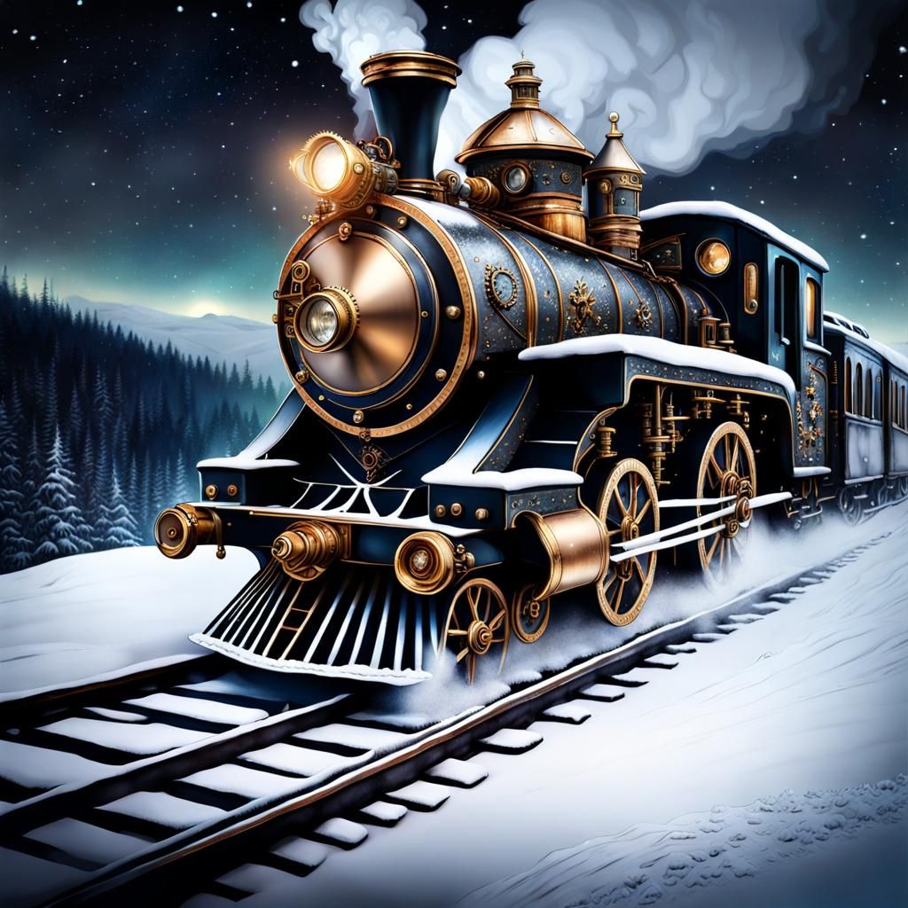 Steampunk Locomotive in Enchanted Winter Landscape