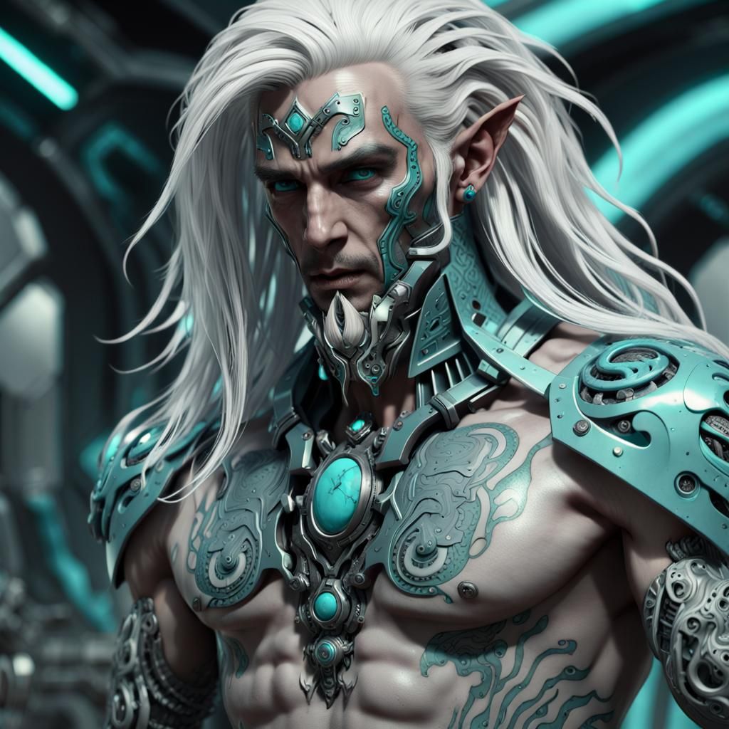 Futuristic Dark Elf with Serpent Tattoos in Sci-Fi Style