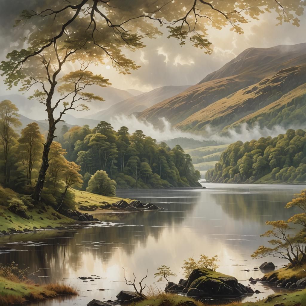 Misty Loch Landscape Painting in Scottish Romantic Style