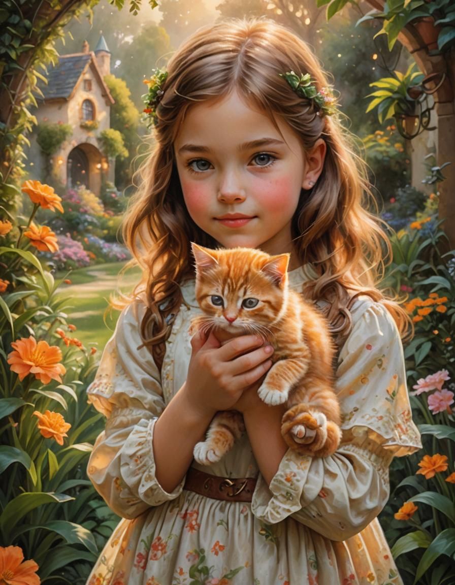Girl Holding Kitten in Fantasy Garden: Oil Painting