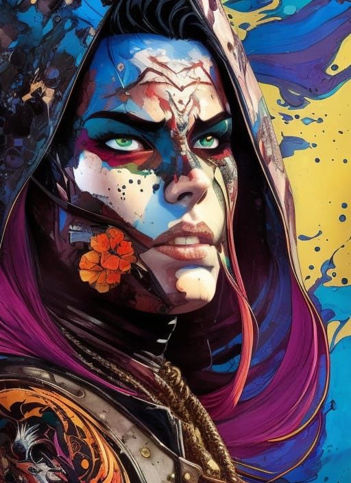 Badass Assassin Woman: Hyperdetailed Fluid Gouache Illustrat...