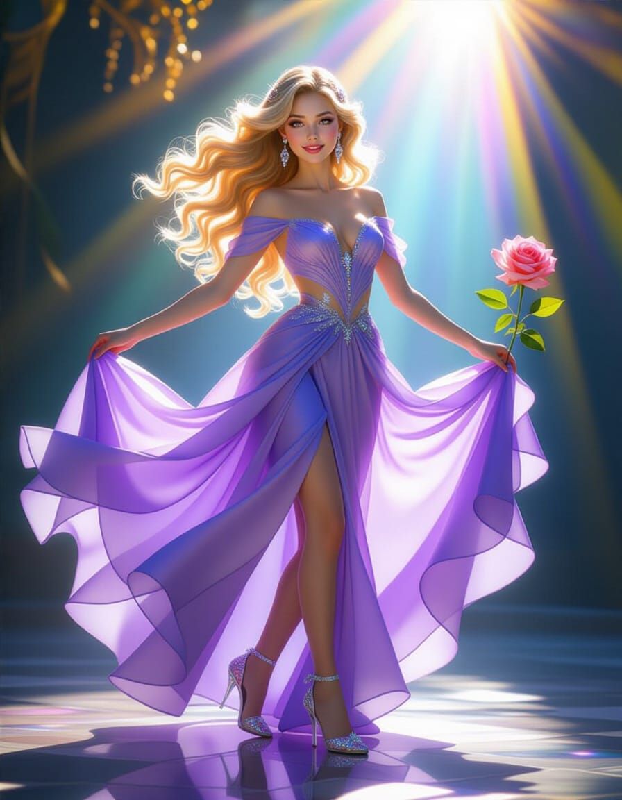 Glass Fantasy Girl Dancing with Lilac Gown and Rose