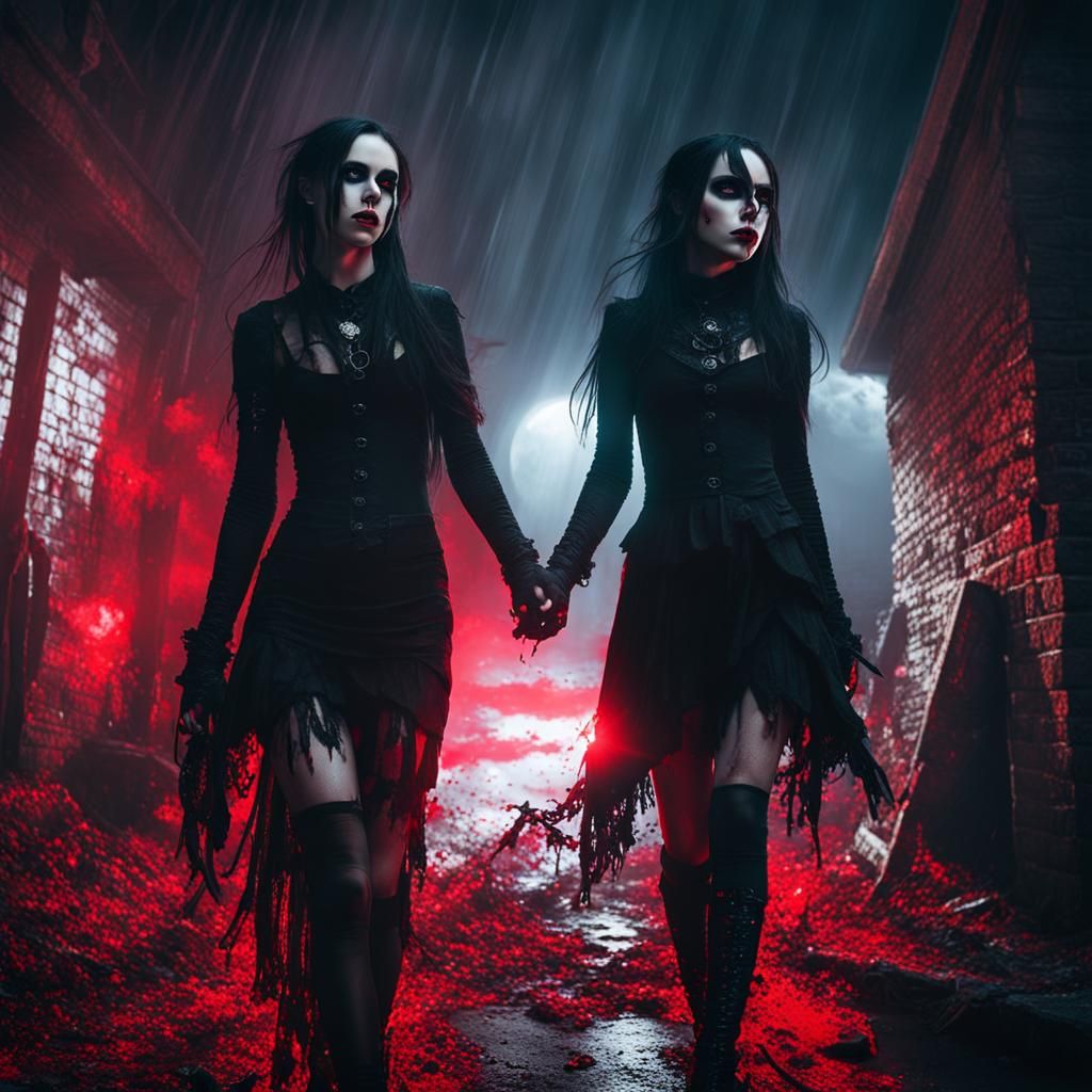 Dark Fantasy Scene with Gothic Girls and Red Eyes