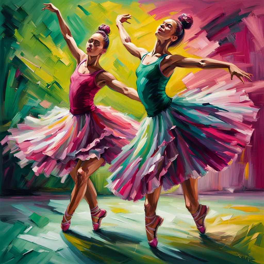 Dancers Perform Pirouette in Vibrant Impasto Style
