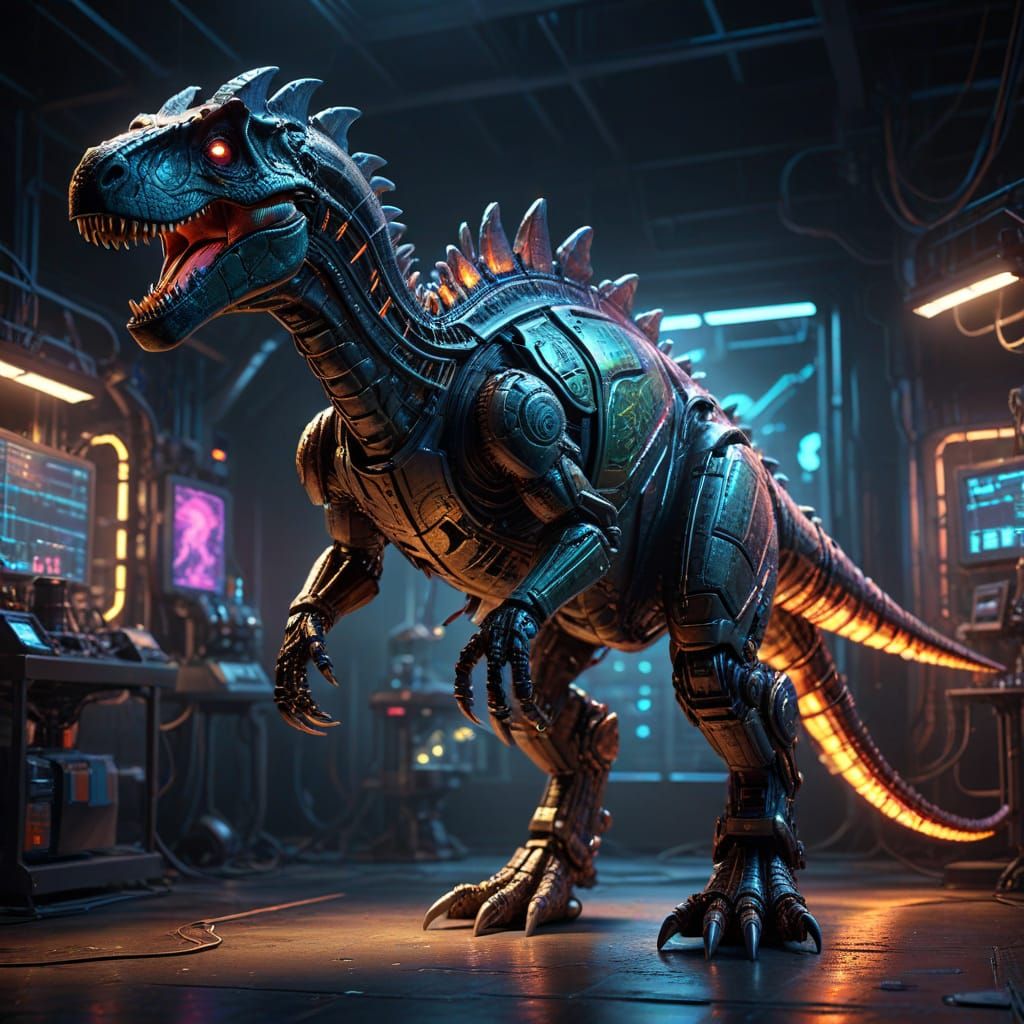 Half-Robot Dinosaur in Sci-Fi Laboratory