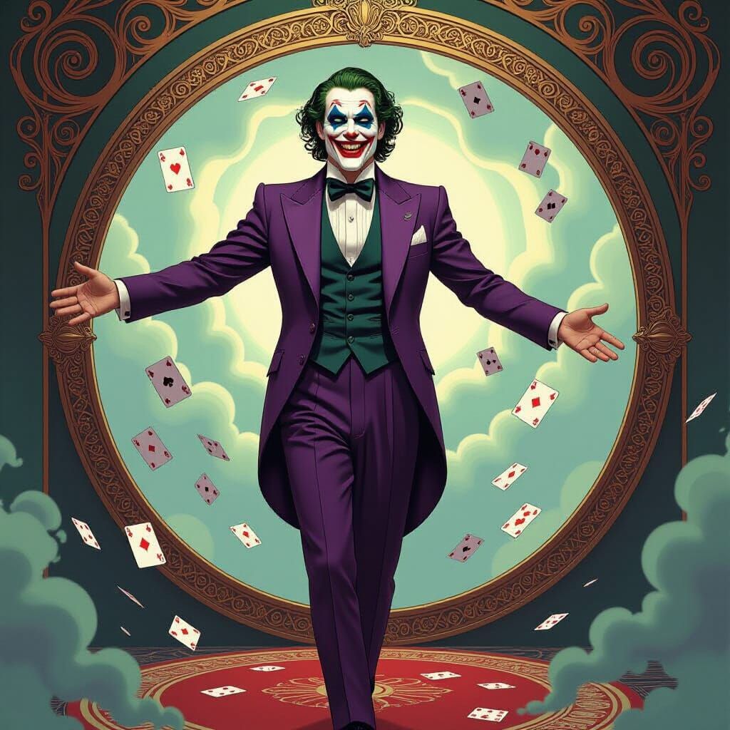 Joker Extends Hand Before Chaotic Portal in Art Nouveau