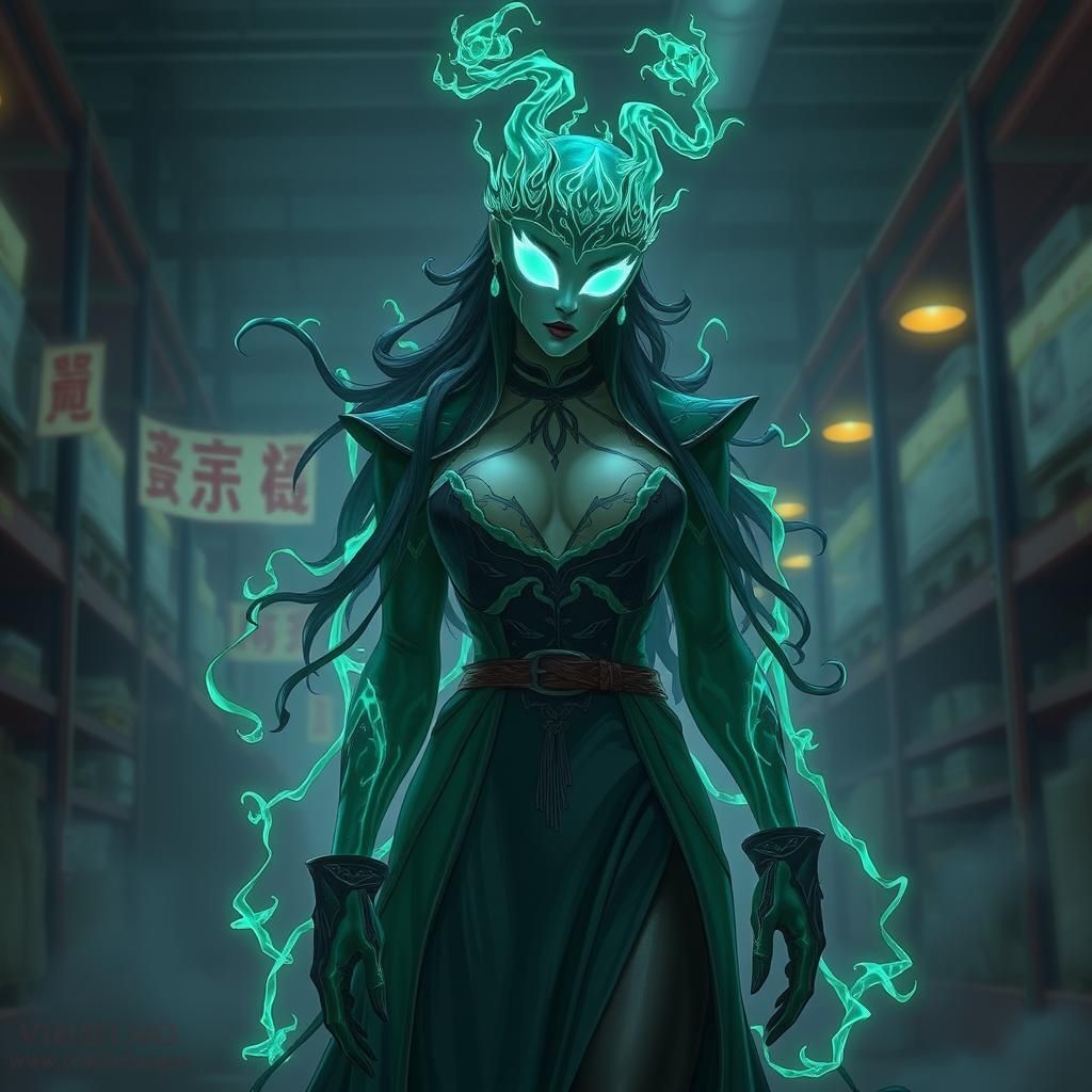 Bioluminescent Wraith Businesswoman in Warehouse Setting