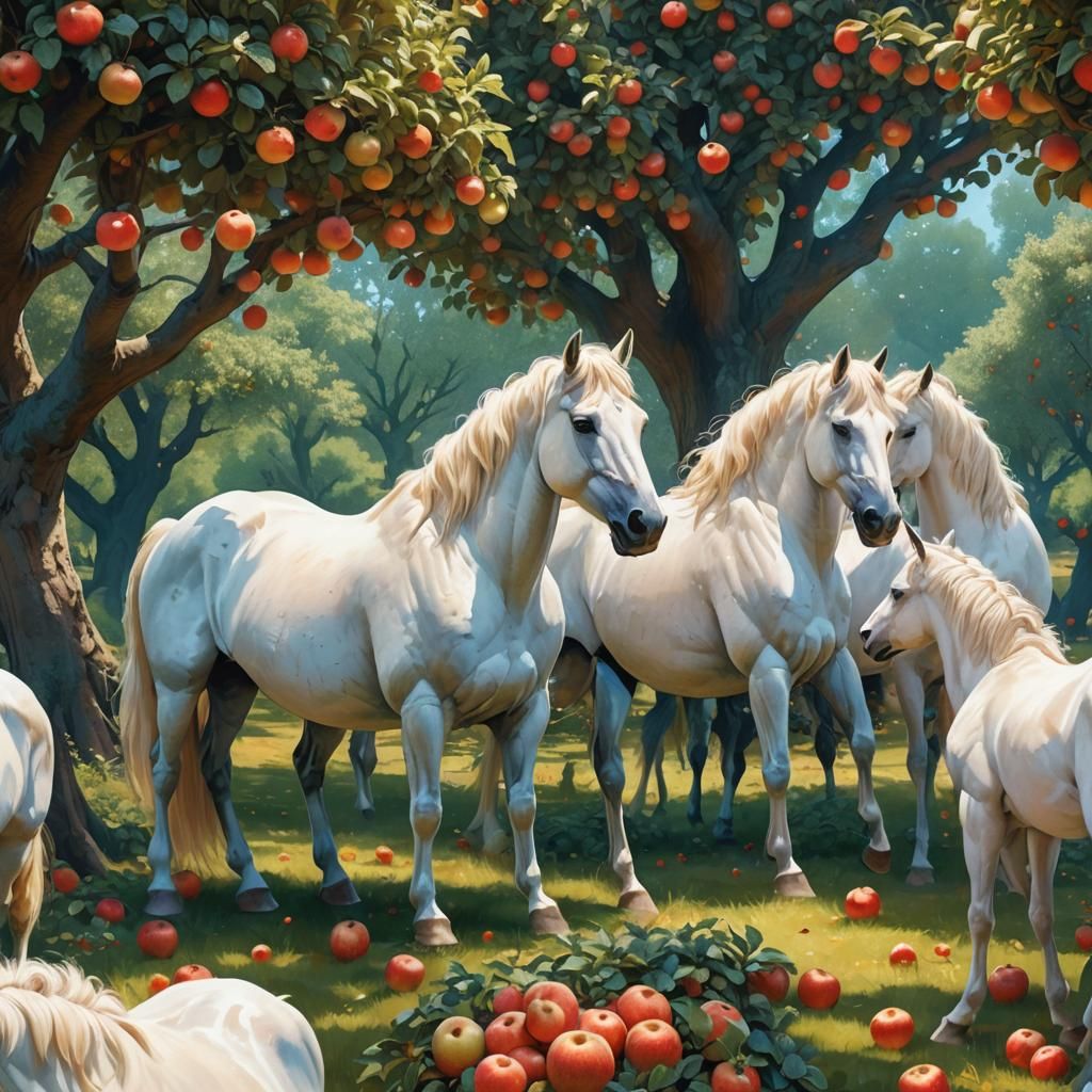 White Horses in Orchard Fantasy Concept Art