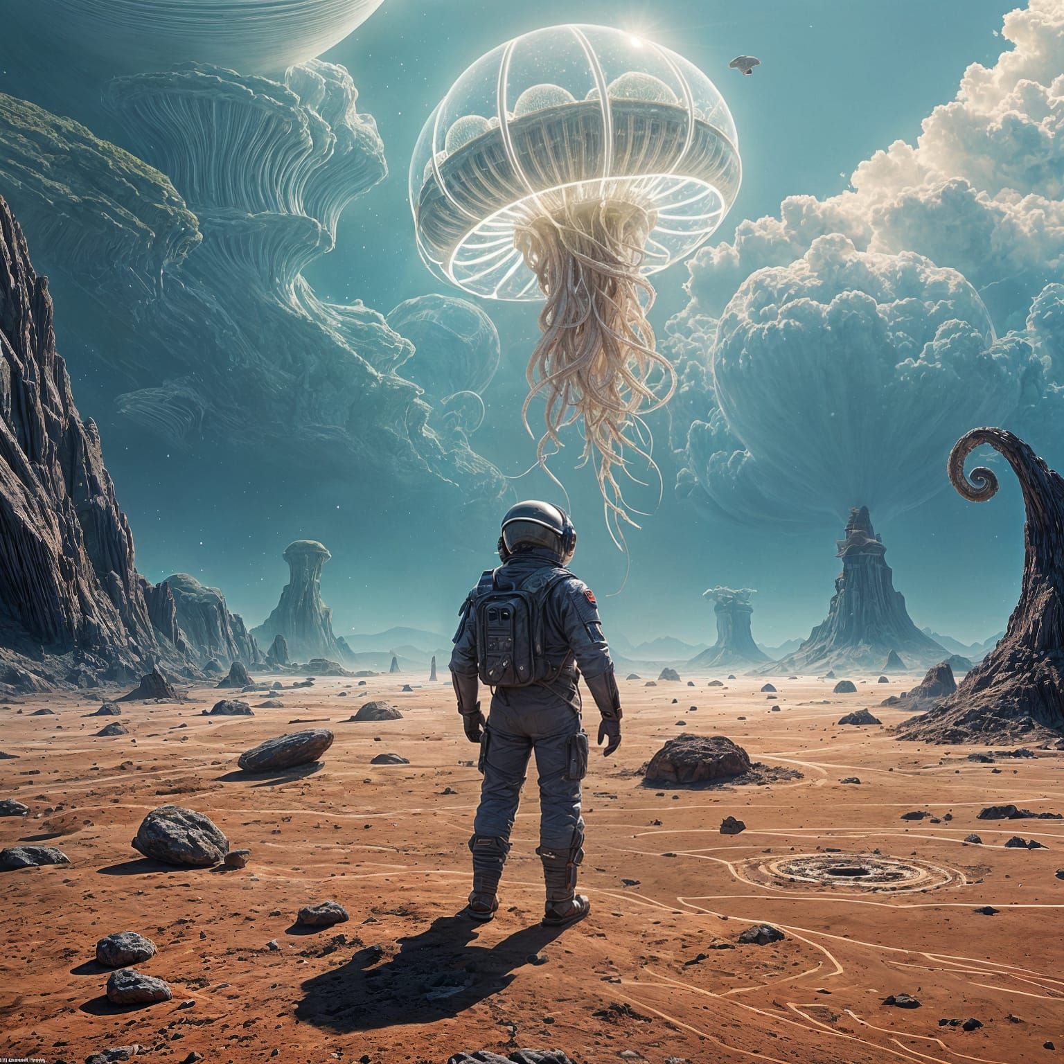 Astronaut and Bioluminescent Jellyfish on Alien Planet