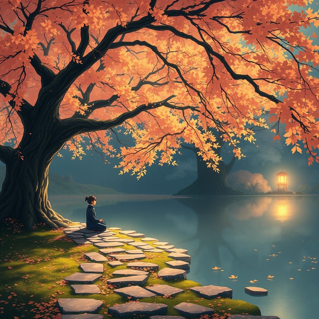 Autumn Anime Landscape with Meditating Figure
