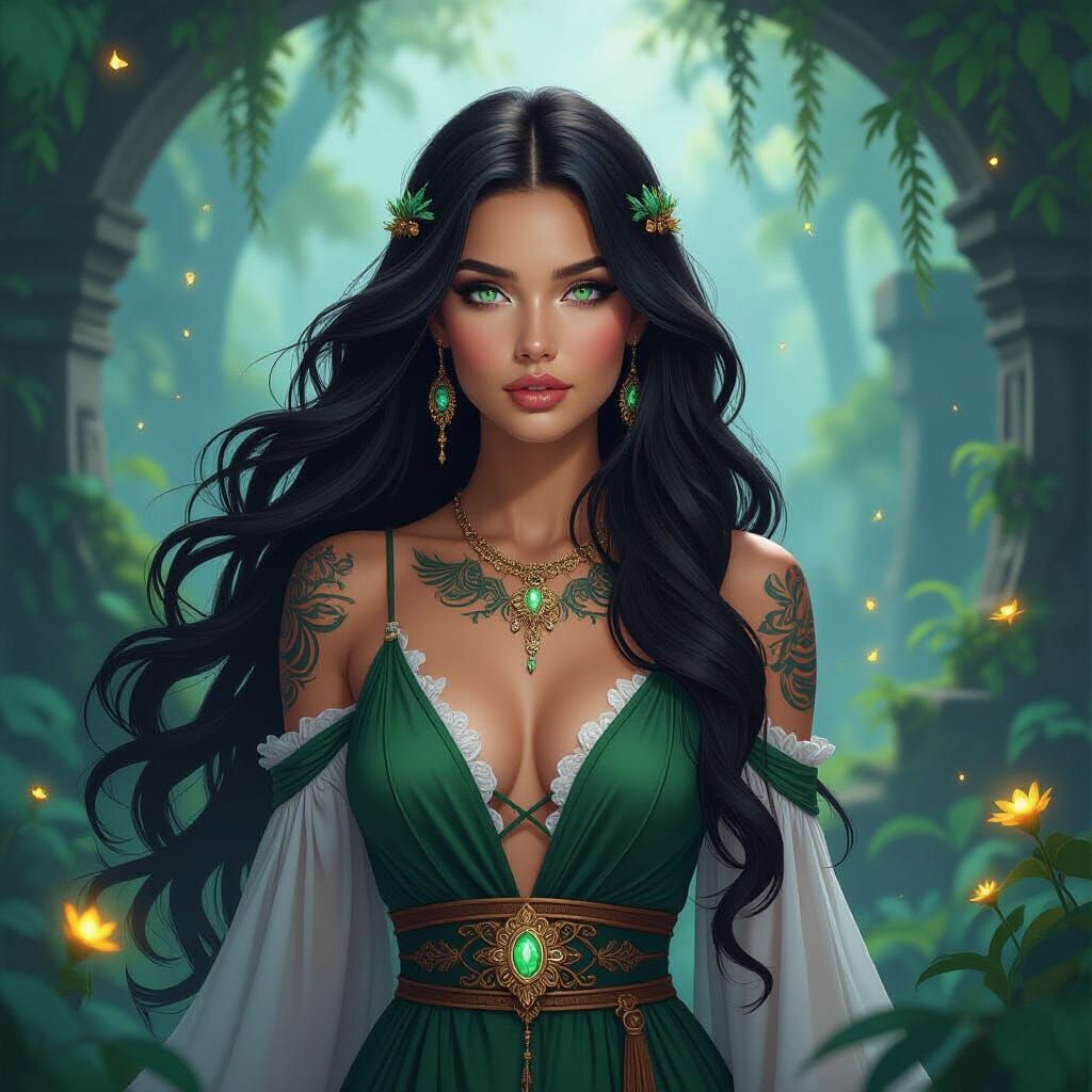 Mystical Woman with Emerald Eyes in Art Nouveau Style