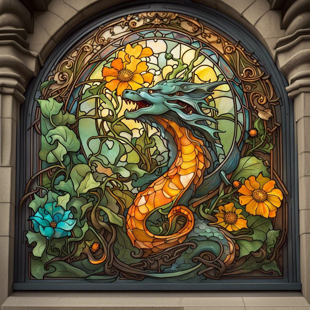 Alphonse mucha art nouveau stained glass ivy, marigolds, and...