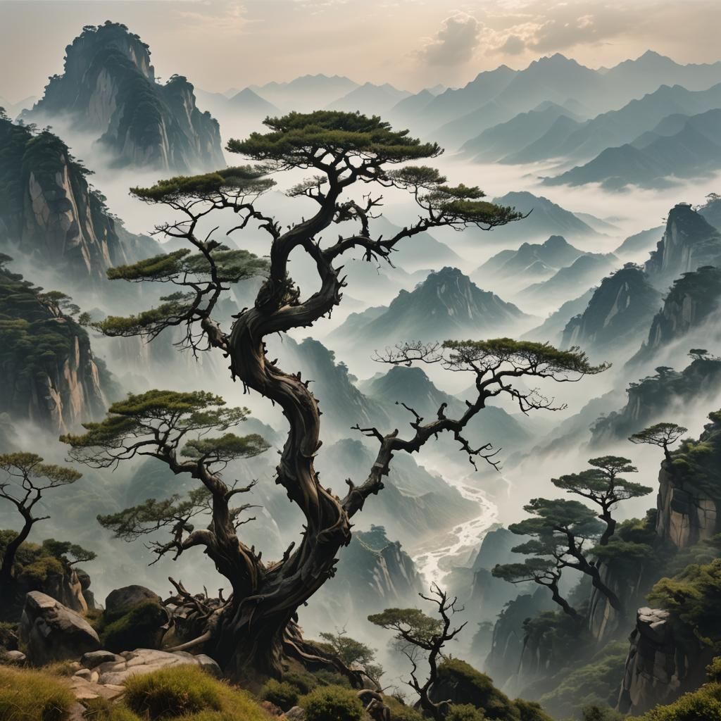 Misty Chinese Landscape with Ancient Tree