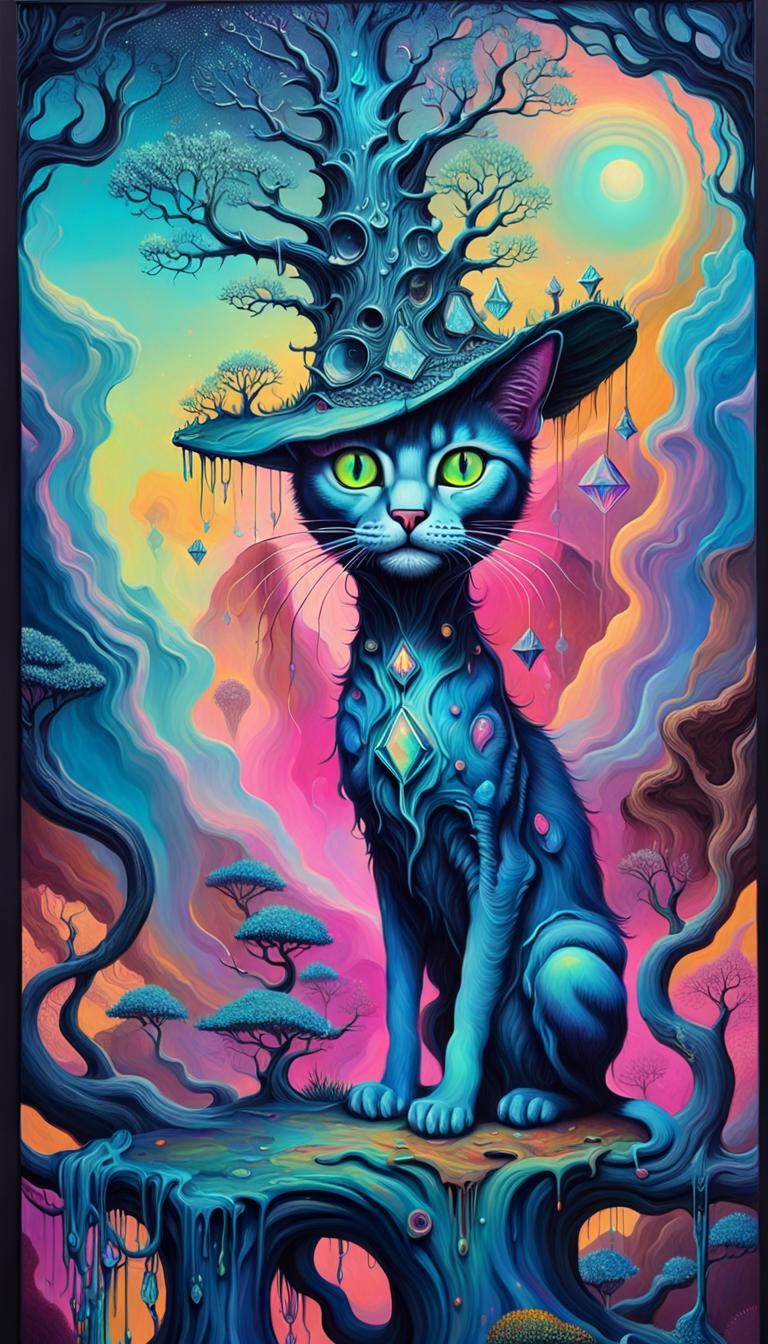 Surreal Opal Cat Portrait with Tree Hat