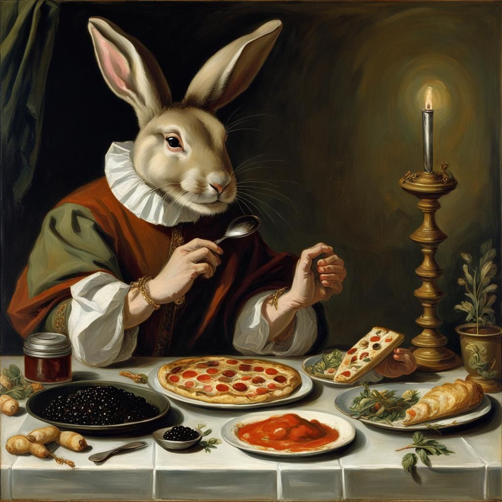 Rabbit Saint Enjoys Caviar and Pizza, Classical Painting