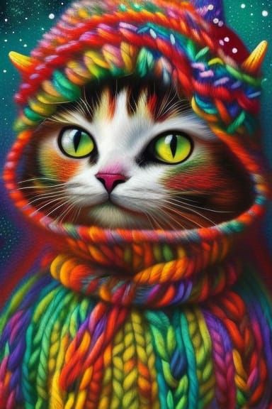 Cute Yarn Monster Cat in Winter Scene