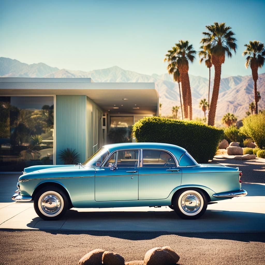 Blue Metallic Car Outside Palm Springs House