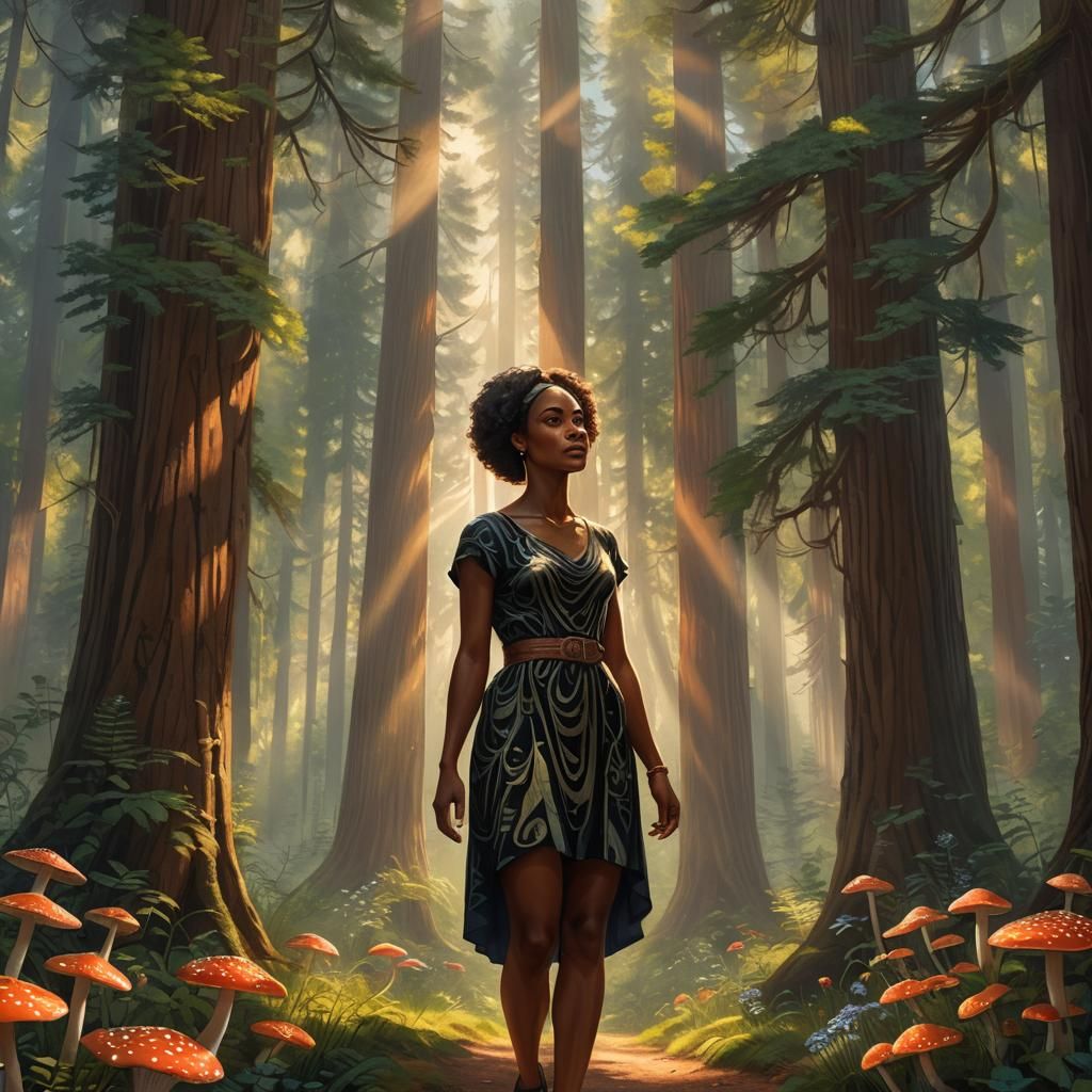Black Woman in Redwood Forest: Fantasy Concept Art