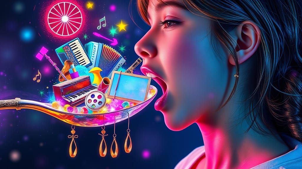 Vibrant Teenage Girl Savors Kaleidoscope of Musical Instrume...